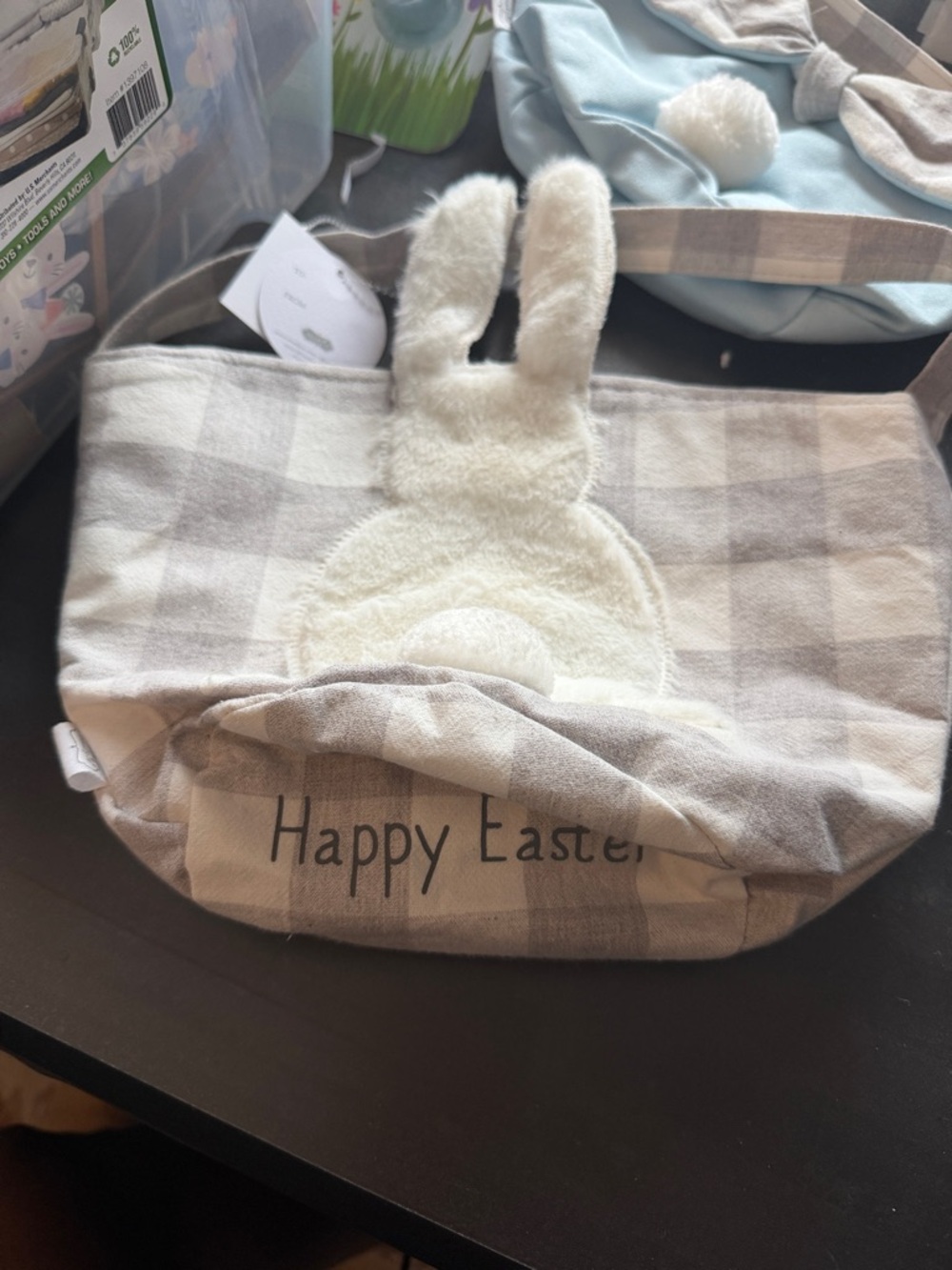 Cream Plaid Tote Bag with Plush Bunny Accent Easter